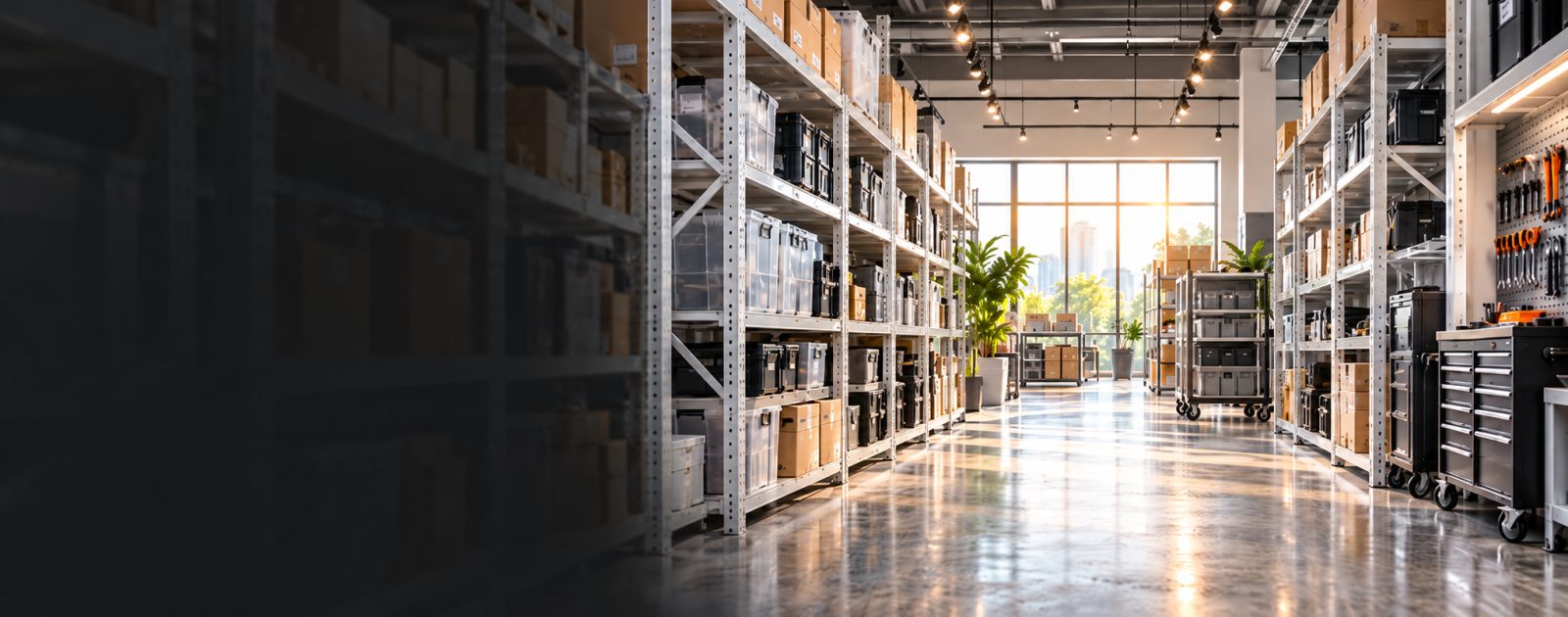 A wide aisle between tall white boltless storage racks filled with labelled cartons, clear tote boxes and tool cases, with a mobile trolley and a pegboard tool wall to the right and daylight coming through a full-height window at the far end