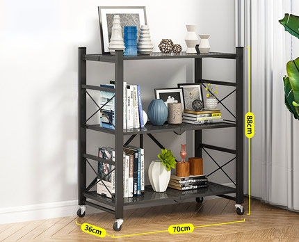 Three tier black foldable rack with perforated metal shelves and wheels