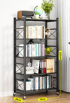 Five tier black foldable rack with perforated metal shelves and wheels