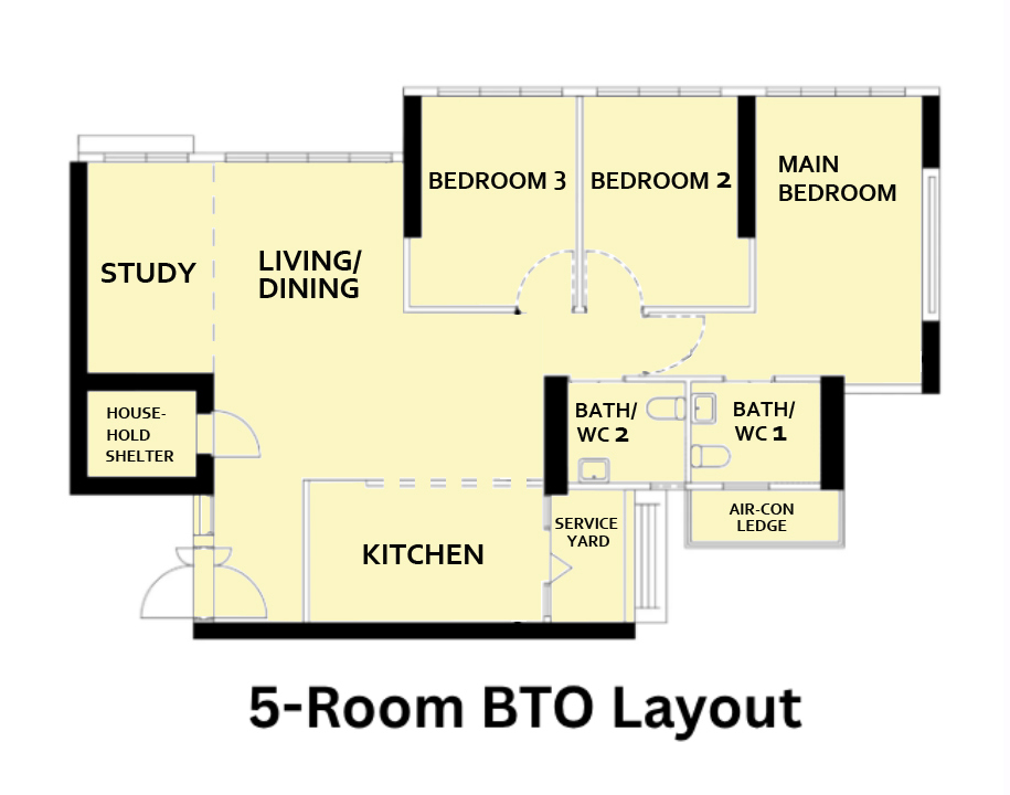 HDB floor plan for a 5-room BTO flat showing the household shelter and its door position