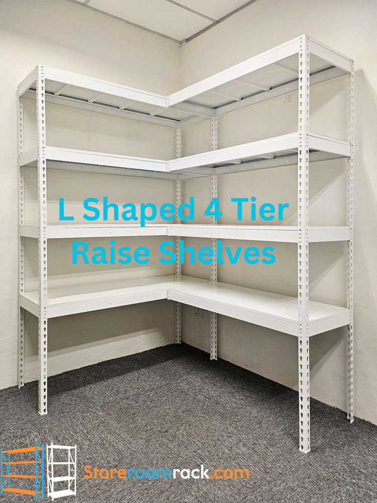 Beige L-shaped boltless rack fitted into a corner with an unbroken corner shelf