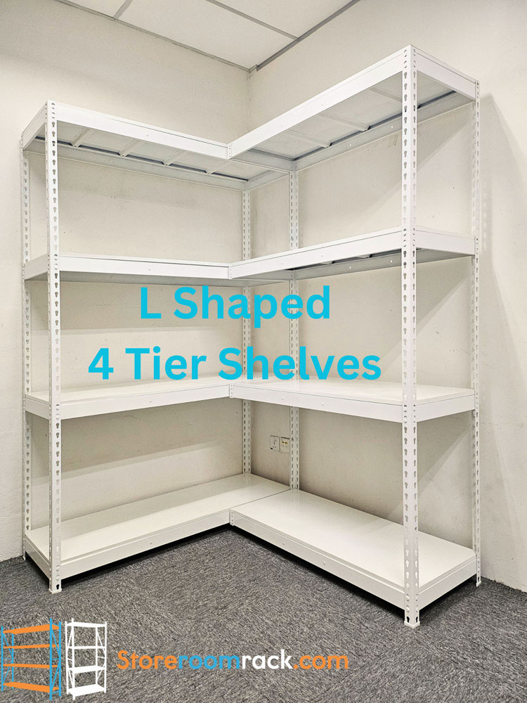 White L-shaped boltless rack with four shelf tiers fitted into a room corner, the corner shelf running unbroken between both arms