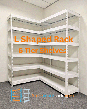 Animated diagram cycling through 3-tier, 4-tier, 5-tier and 6-tier L-shaped rack configurations