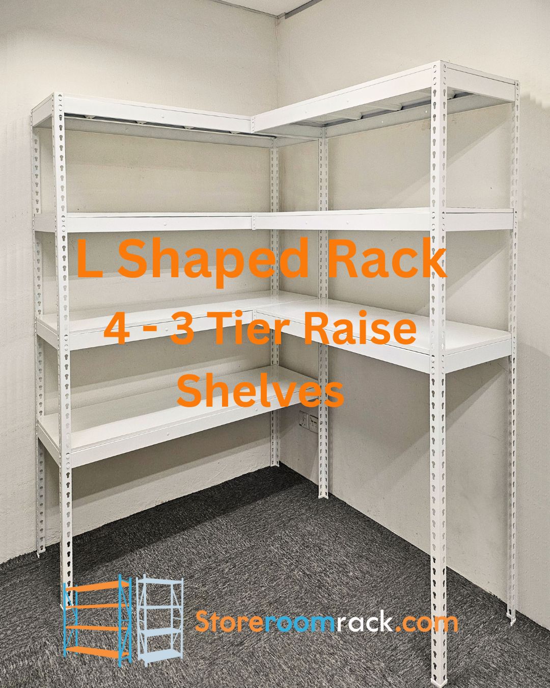 L-shaped rack with four raised shelf levels on one arm and three on the other