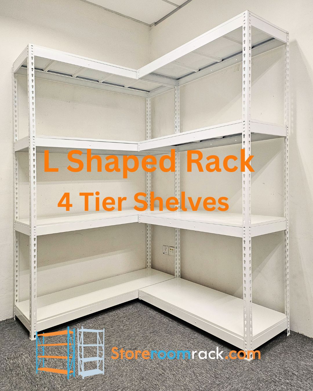 L-shaped rack built with four shelf levels running unbroken around the corner