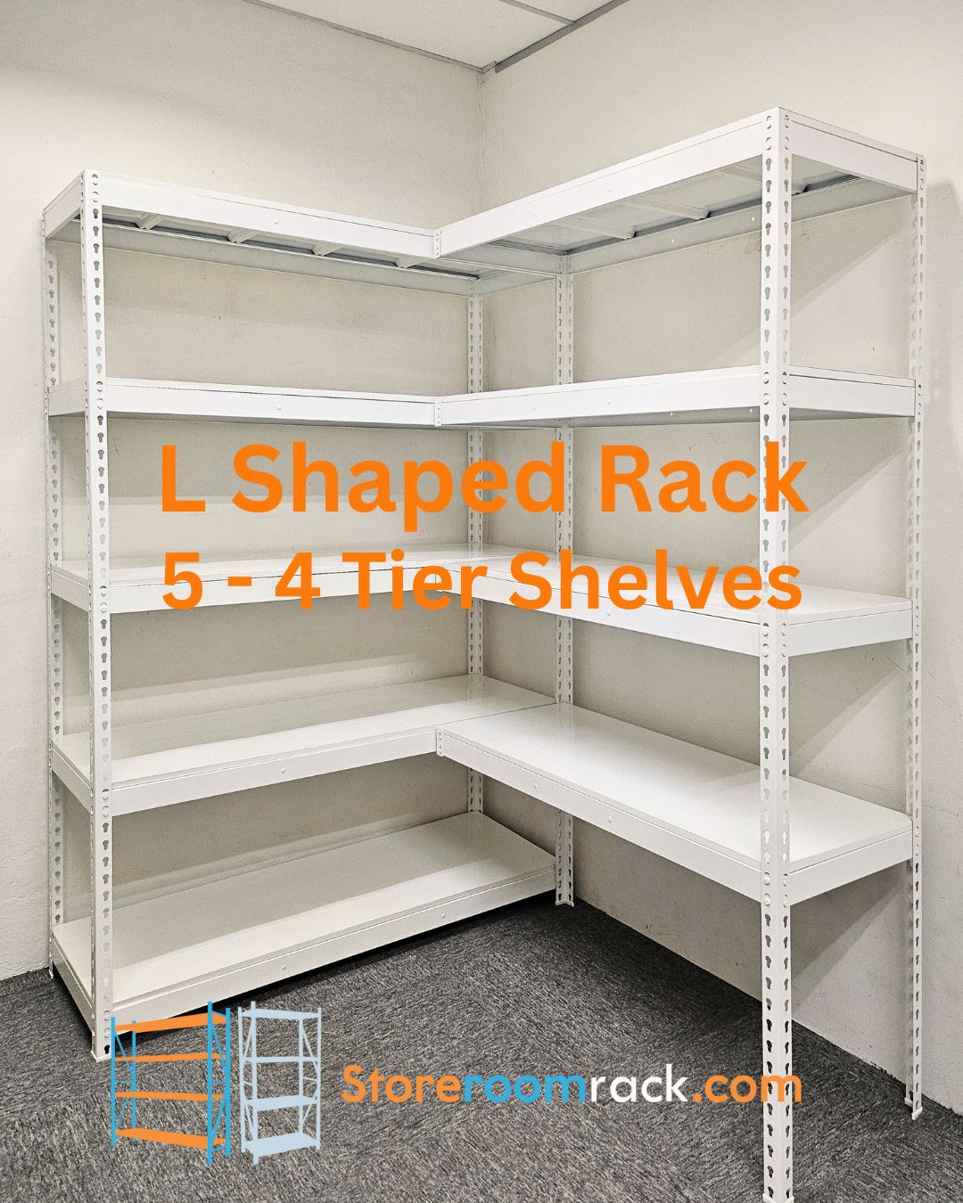 L-shaped rack with five shelf levels on one arm and four on the adjoining arm