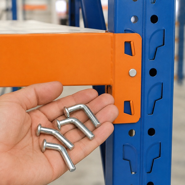 A hand holding four steel J-shaped rack drop pins beside an orange beam and blue upright